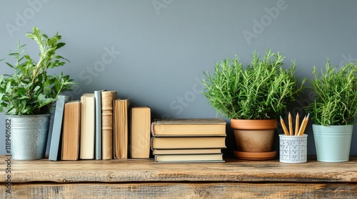 Workspace with books and a decorative plant pot holding pencils on a wooden t...