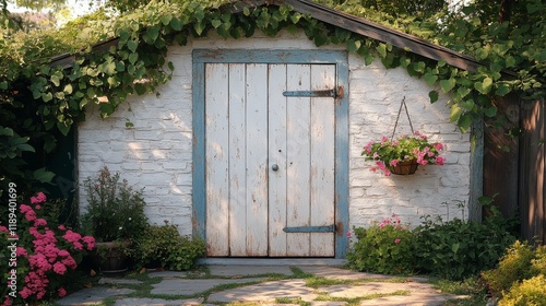 Charming rustic door surrounded by vibrant flowers in a serene outdoor setting
