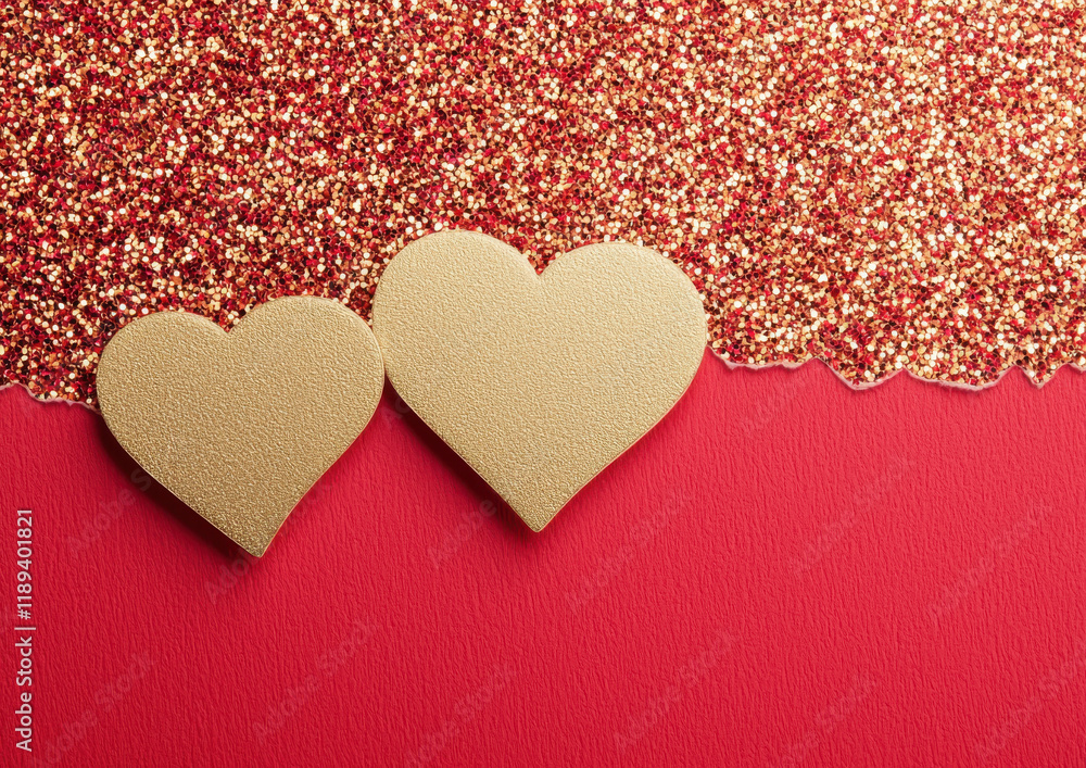 Fototapeta premium Golden hearts on red background with radiant gold glitter texture