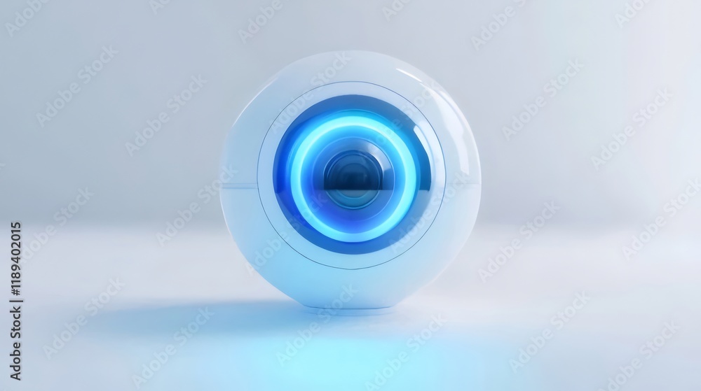 Futuristic white sphere camera with glowing blue lens. Futuristic white sphere camera with glowing blue lens.