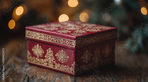 Ornate red decorative box with floral design resting on a wooden table in a s...