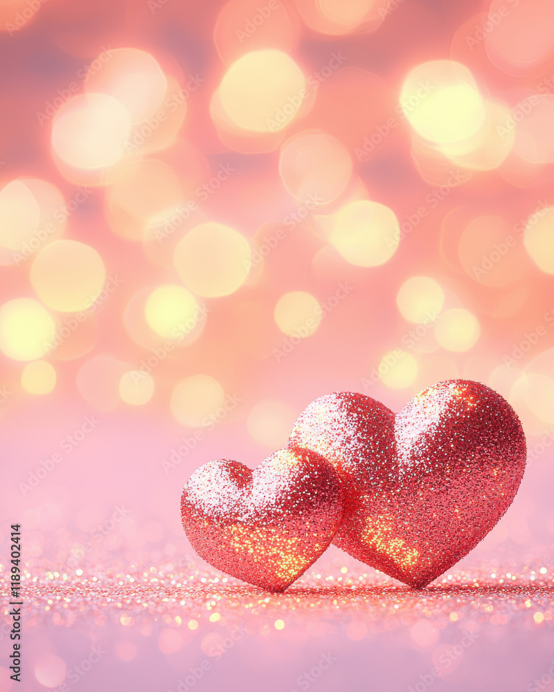 Fototapeta premium Glittery pink hearts with glowing bokeh background, creating romantic atmosphere