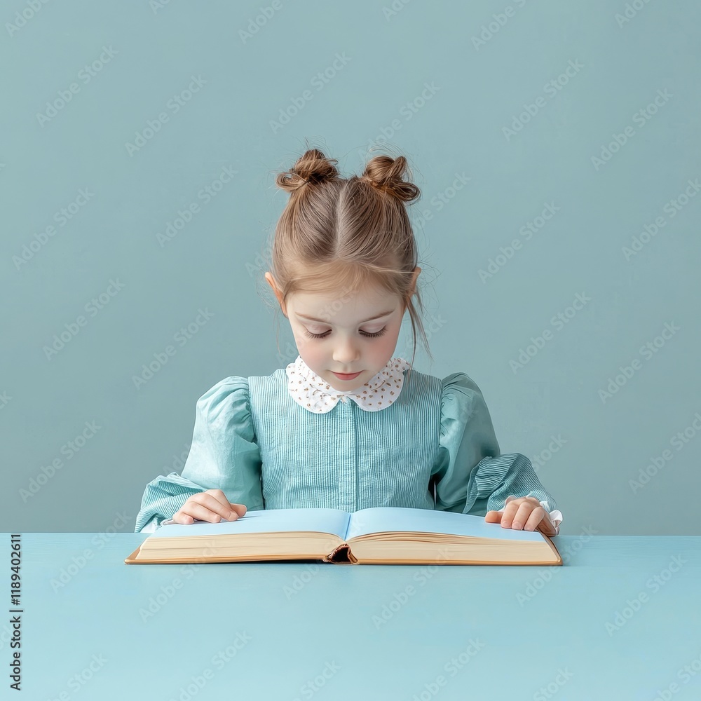 Little girl sitting at the table and reading a book over blue background Little girl sitting at the table and reading a book over blue background