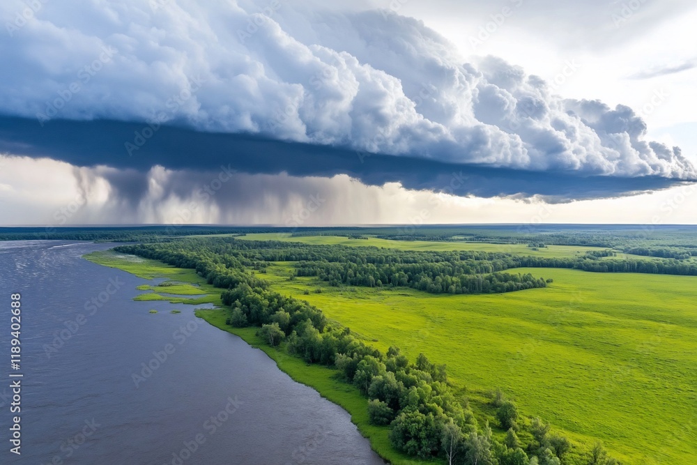 Obraz premium Storm clouds over lake and fields