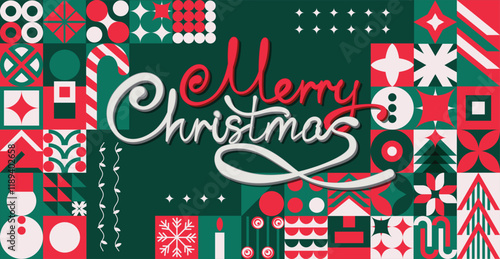 Merry Christmas banner lettering with abstract modern bauhaus design background. Christmas calligraphy with geometric shapes and icons. Vector illustration