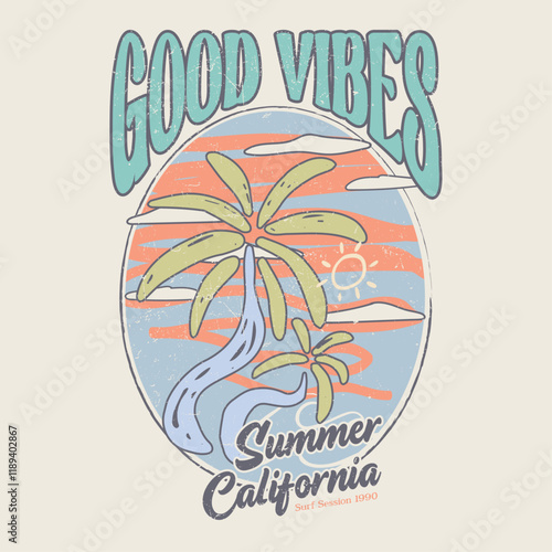 Good vibe long beach. Sunshine beach club graphic print design for t shirt print, poster, sticker and other uses. Surfing board and chair. Sunny day at the beach. Ocean wave. Palm tree print artwork.