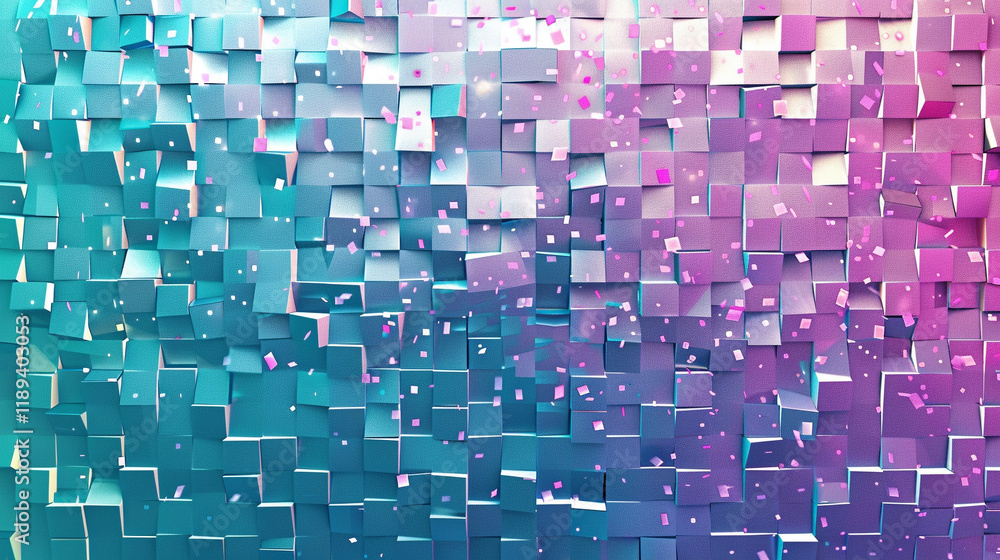 Fototapeta premium A digital mosaic of pixelated squares in a futuristic gradient of neon purple, teal, and pink, reflecting a tech-savvy aesthetic