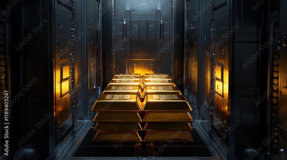 Fototapeta premium A stack of glowing gold bars in a secure vault