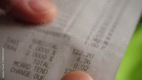 Inflation Economy. Close-up Receipt Person Hands of Shopper Reading Accounting Report After Buying or Purchase Credit. Till Slip Man Holding Finance Document After Buying or Shopping in Supermarket.