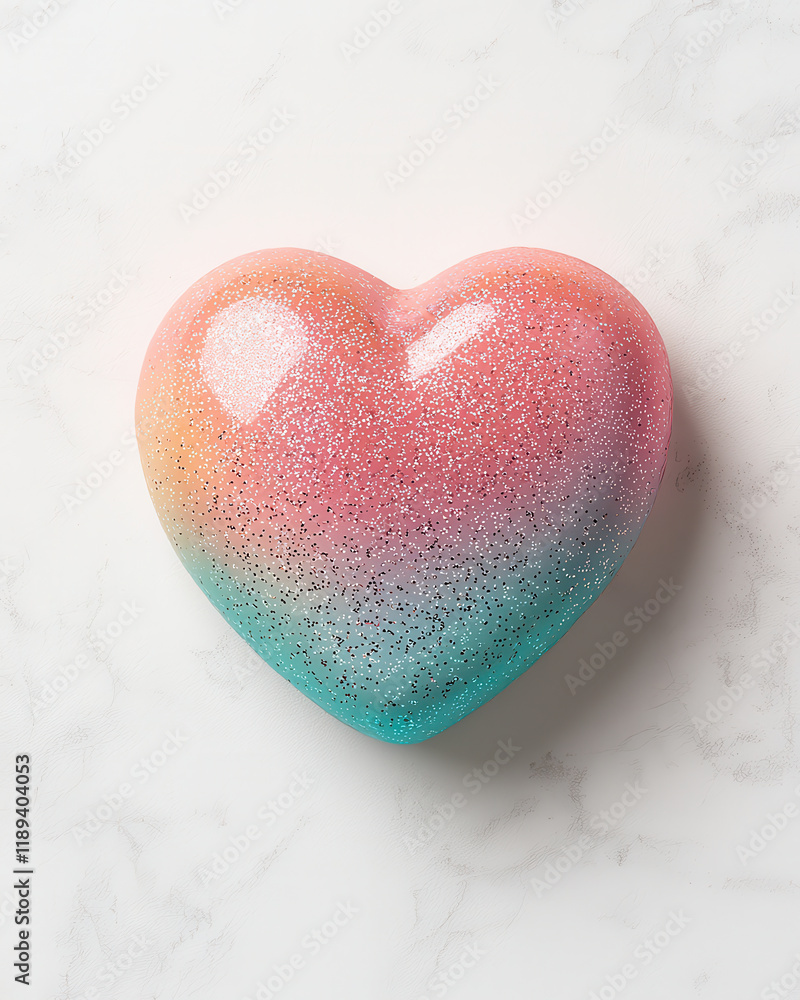 Fototapeta premium Glittery heart with radiant pink to teal gradient on marble background