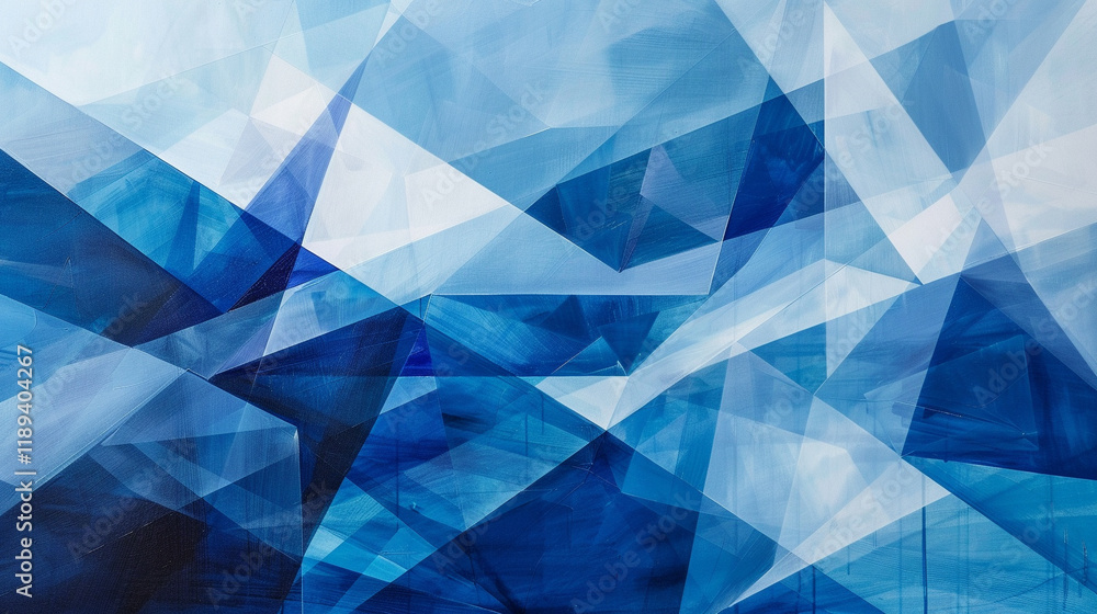 Obraz premium A geometric abstract artwork with overlapping translucent triangles in varying shades of blue, creating a sense of depth and harmony