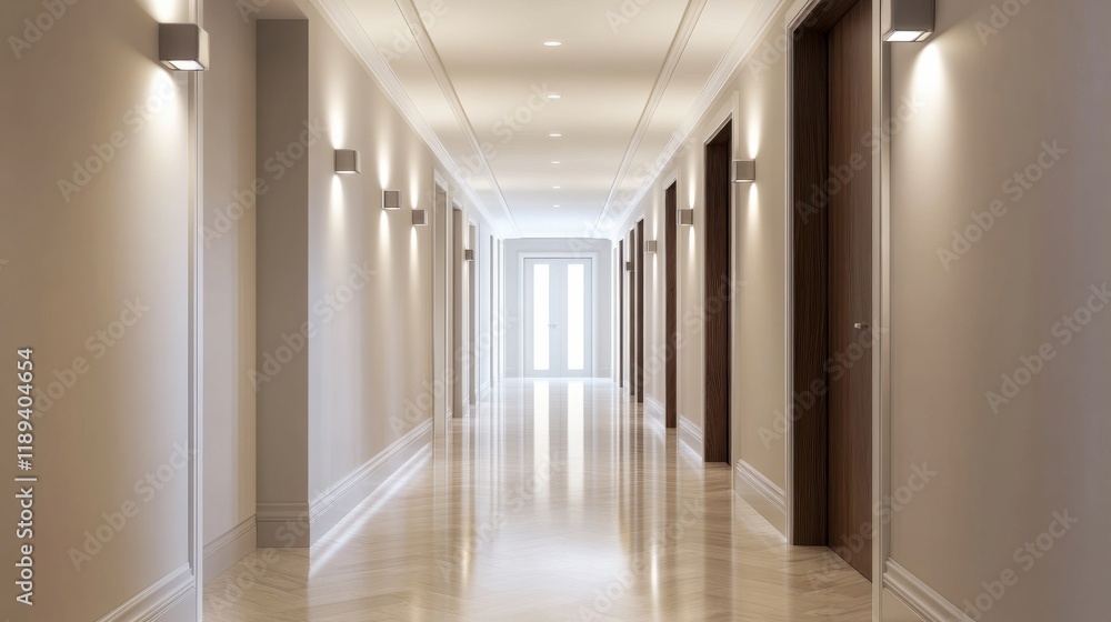 A stylish modern hallway with geometric lighting and clean lines A stylish modern hallway with geometric lighting and clean lines