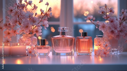 Elegant floral display with perfume bottles and candles during sunset