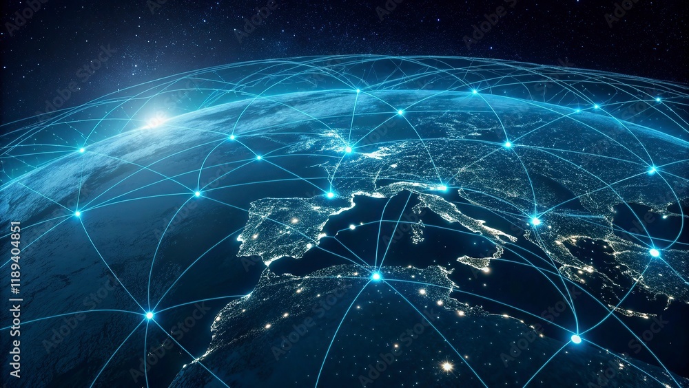 Obraz premium Artificial Intelligence Networks. A set of glowing blue connections fills the dark background
