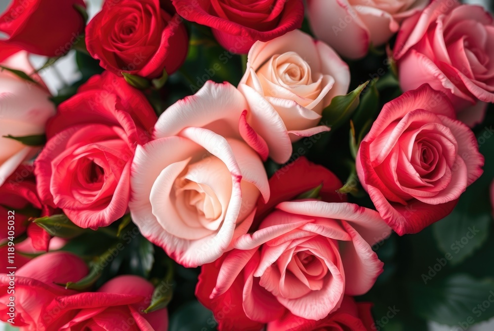 Naklejka premium A beautiful bouquet of red and white roses showcases their elegant colors, making it perfect for Valentine's Day, birthdays, or romantic dates