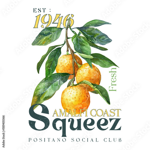 Amalfi coast lemon vector art, vintage retro color college text graphics with grunge orange effects, girls' graphic, women's print design, kids and men's t-shirt design, retro vintage summer design