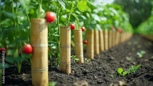 Growing red tomatoes supported by bamboo stakes in a lush garden under bright...