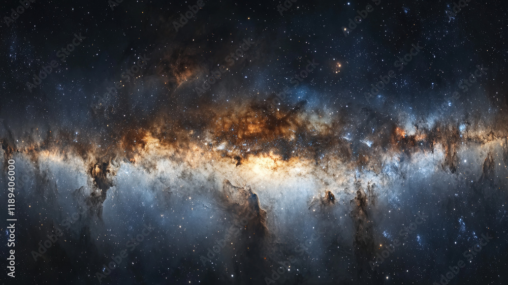 Panoramic View of Galactic Plane with Bright Stars and Cosmic Dust Clouds Panoramic View of Galactic Plane with Bright Stars and Cosmic Dust Clouds