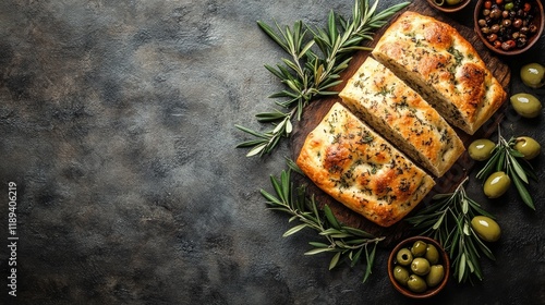 Freshly baked loaf of bread topped with rosemary on a wooden cutting board in...