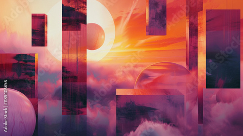 A surreal abstract with floating geometric shapes in a gradient sunset palette, blending oranges, pinks, and purples into soft gradients photo