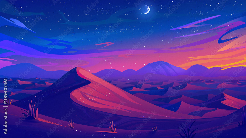 Obraz premium A tranquil desert scene with rolling sand dunes under a starry night sky, softly illuminated by moonlight, creating a peaceful and expansive vibe
