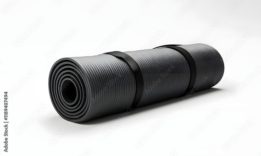 Rolled-up gray exercise mat with straps. Rolled-up gray exercise mat with straps.
