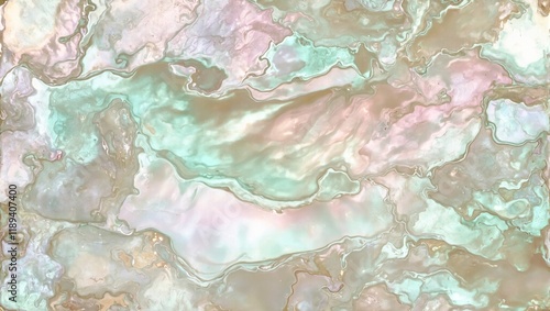 Iridescent mother of pearl surface with pink green and cream swirls under soft light
