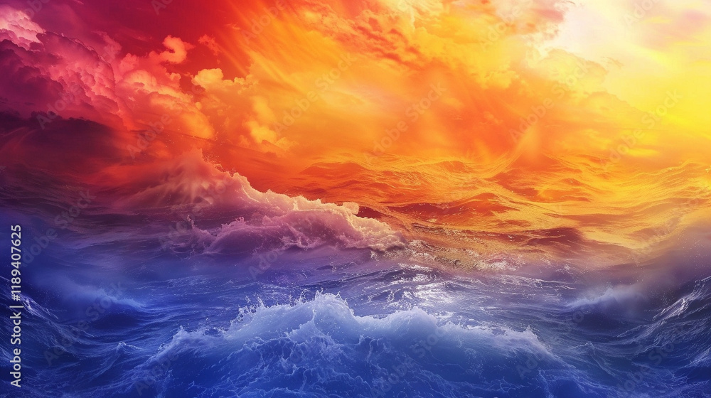 Obraz premium A vibrant abstract design featuring a gradient of vibrant sunset hues, with swirling waves and soft lighting effects, evoking a dynamic and warm atmosphere