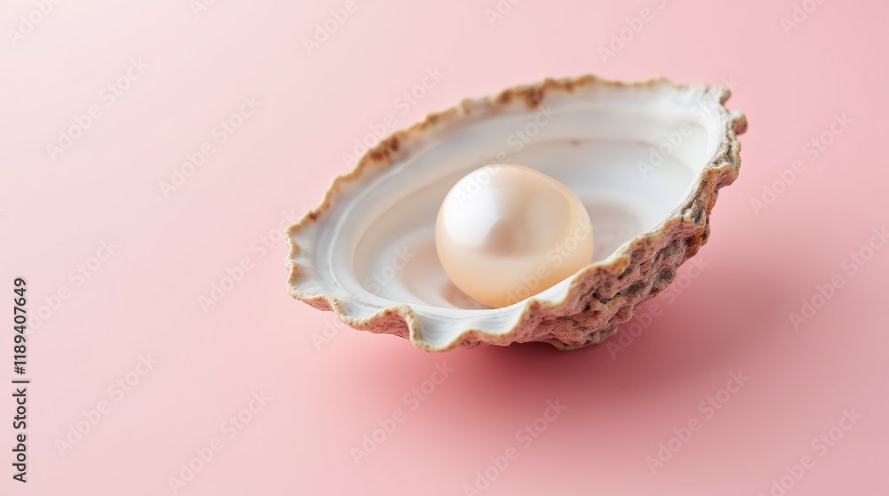 White Single Pearl in an Oyster Shell on Clean Pink Background, Feminine Energy, Femininity and Sensuality White Single Pearl in an Oyster Shell on Clean Pink Background, Feminine Energy, Femininity and Sensuality