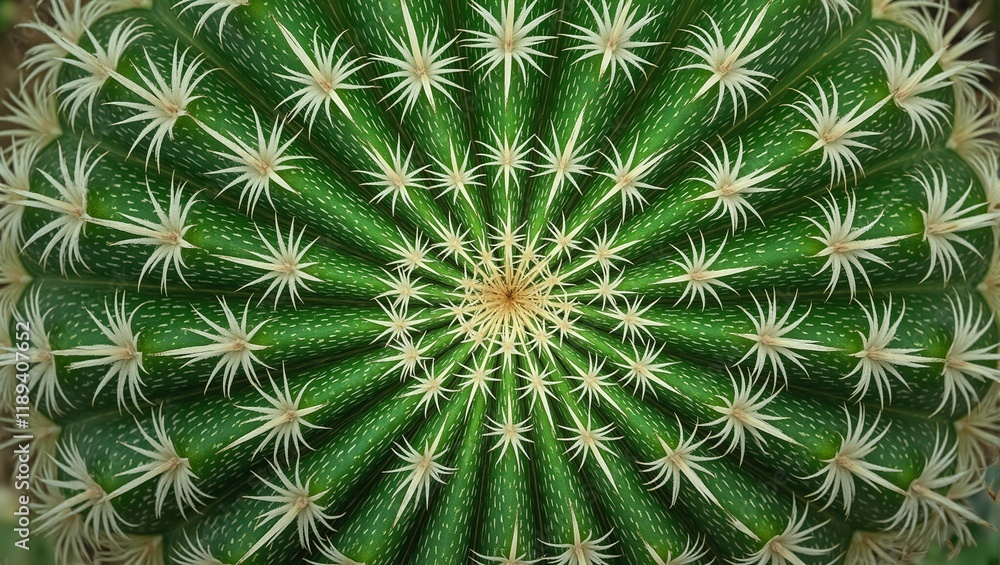 Close up on symmetrical vibrant green cactus spines with fluffy white tufts on waxy surface Close up on symmetrical vibrant green cactus spines with fluffy white tufts on waxy surface