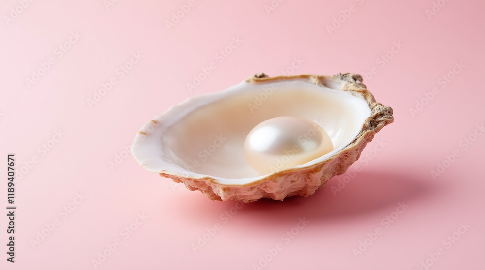 White Single Pearl in an Oyster Shell on Clean Pink Background, Feminine Energy, Femininity and Sensuality White Single Pearl in an Oyster Shell on Clean Pink Background, Feminine Energy, Femininity and Sensuality