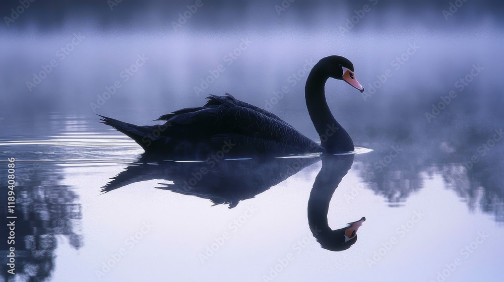 Fototapeta premium Graceful Black Swan Swimming in Misty Lake
