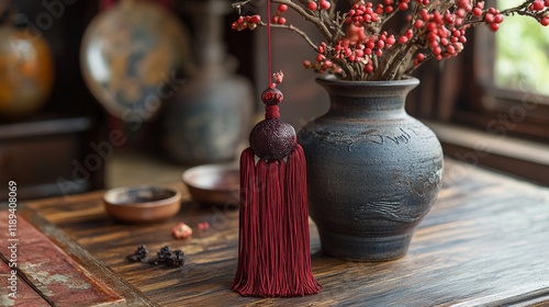 Elegant red ceramic vase with decorative tassel and branch on wooden table in...