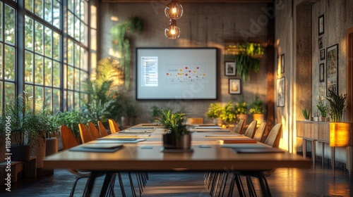 Modern conference room with large windows and plants for a productive meeting...