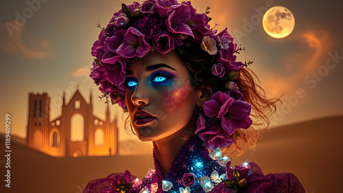 The image transports viewers into a dreamlike world, where vibrant amaranth flowers flow out in magical bursts, giving shape to an ethereal Gothic Queen with glowing blue lips and amethyst eyes. The d photo