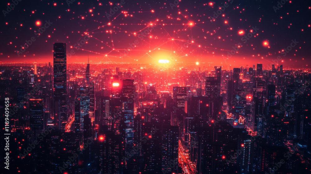 A futuristic cityscape at sunset with a network of glowing red lights and connections in the sky, creating a cyberpunk atmosphere A futuristic cityscape at sunset with a network of glowing red lights and connections in the sky, creating a cyberpunk atmosphere