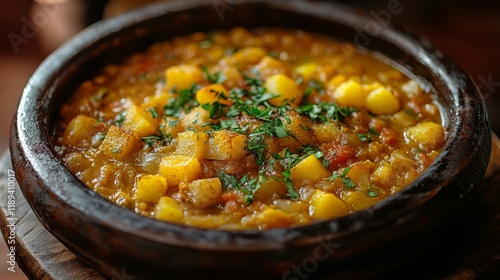 Savory vegetable stew in a traditional clay pot served on a rustic wooden table