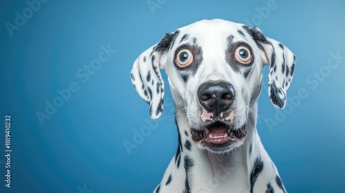 A close-up shot of a dog with a shocked and curious look on its face