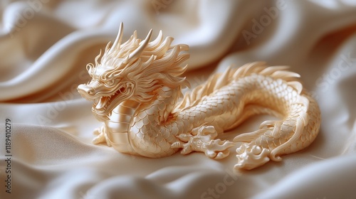 Exquisite golden dragon sculpture among textured fabrics and natural elements...