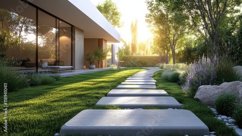 Stylish garden design featuring stone path and modern house in serene landsca...