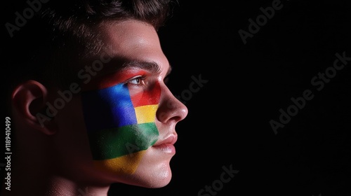 A man with his face painted in vibrant colors, perfect for festivals, parties, or social media posts photo