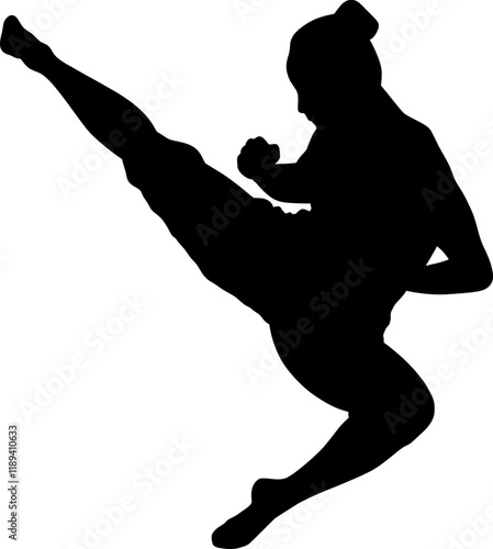 kickboxer girl in action, fighter woman vector outline illustration, silhouette of a person