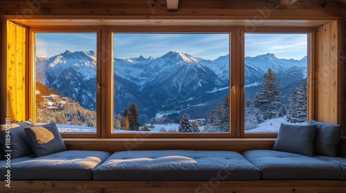 Cozy wooden cabin interior with stunning mountain view in winter