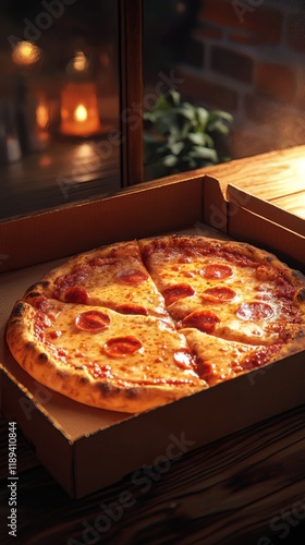 Delicious pepperoni pizza served in a warm, cozy setting with soft lighting a...
