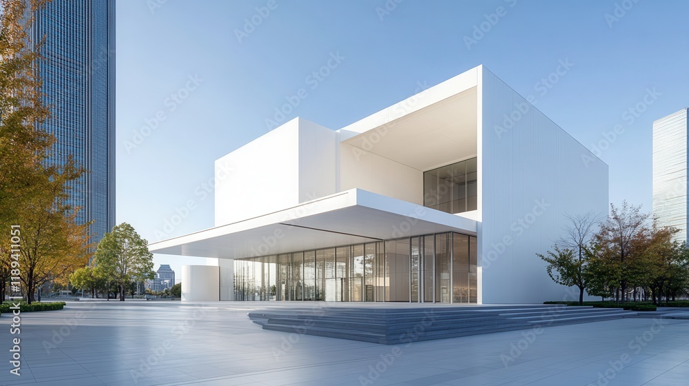 A wide shot of a modern minimalist building with clean white facades A wide shot of a modern minimalist building with clean white facades