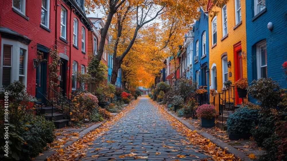 Colorful row houses line a street in a charming urban neighborhood during autumn Colorful row houses line a street in a charming urban neighborhood during autumn