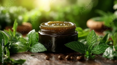 Cream in glass jar surrounded by fresh herbs placed on wooden table in a cozy...