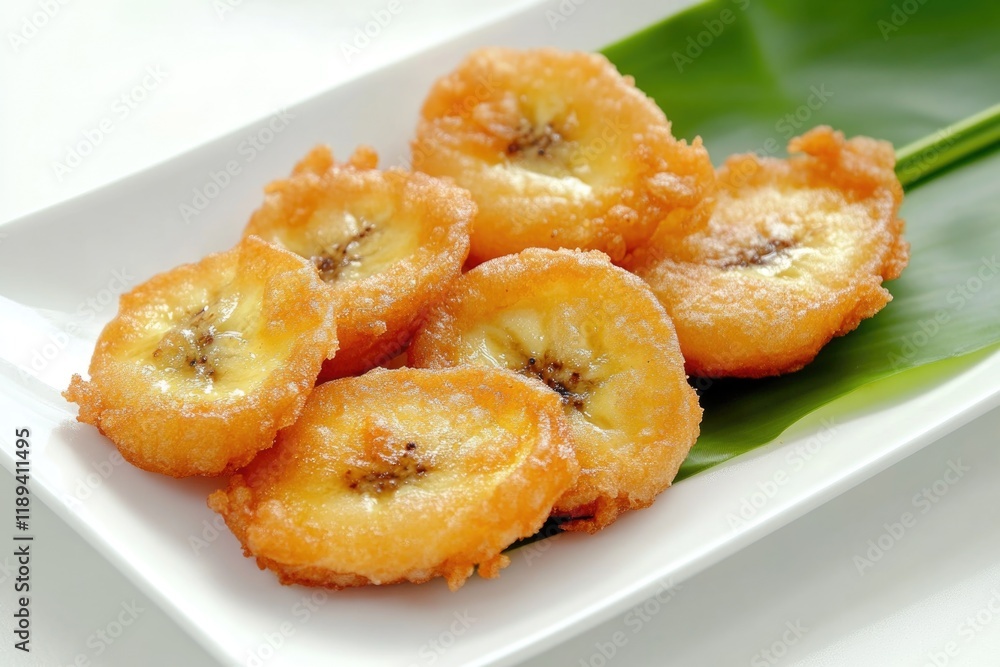 A simple snack featuring fried bananas placed on a green leaf A simple snack featuring fried bananas placed on a green leaf