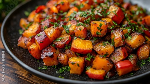 Delicious roasted butternut squash served with fresh herbs on a black plate