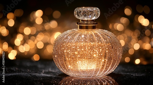 Elegant glass perfume bottle with warm amber liquid set against soft blurred ...